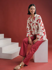 White Floral Printed Cotton Night Suit Set - SanskrutiHomes 