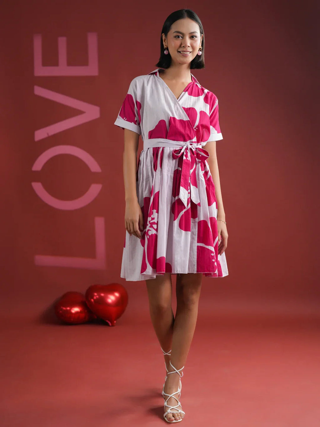 Pink Floral Printed V-Neck Dress - SanskrutiHomes 