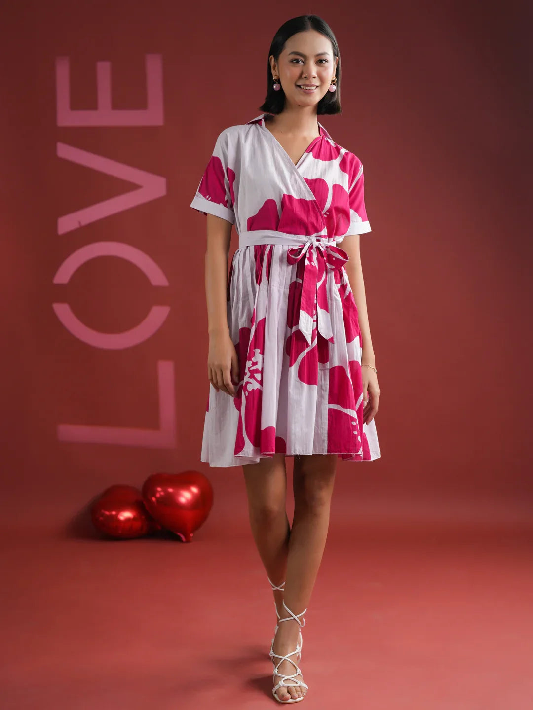 Pink Floral Printed V-Neck Dress - SanskrutiHomes 