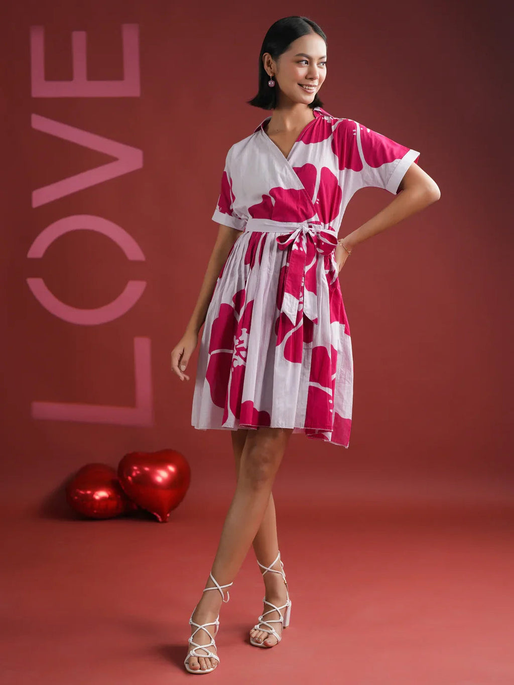 Pink Floral Printed V-Neck Dress - SanskrutiHomes 