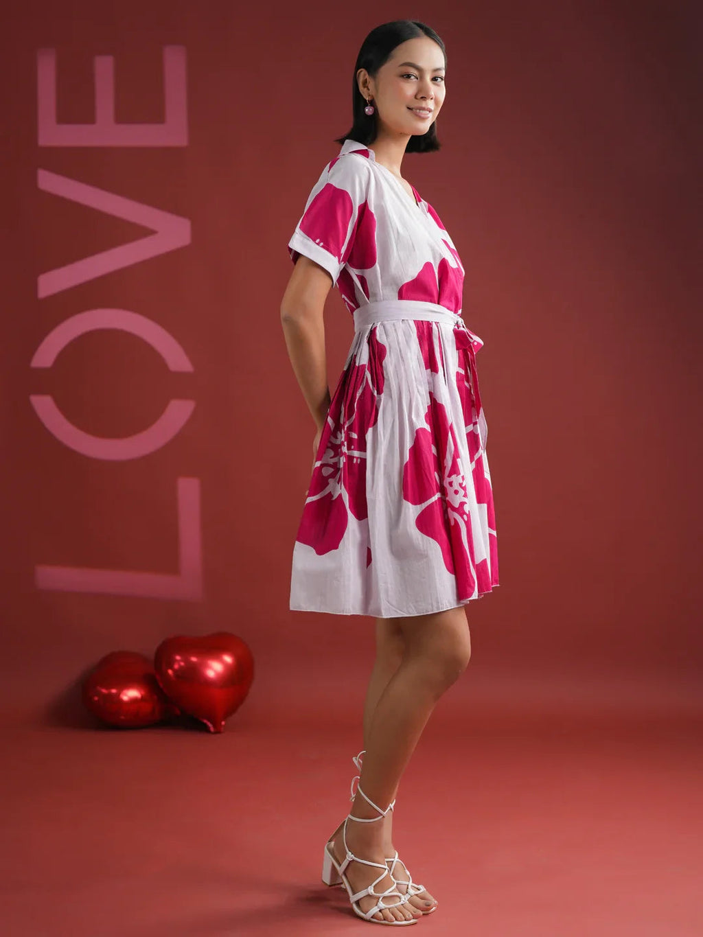 Pink Floral Printed V-Neck Dress - SanskrutiHomes 