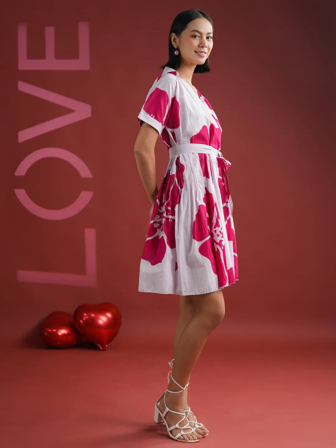 Pink Floral Printed V-Neck Dress - SanskrutiHomes 