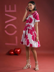 Pink Floral Printed V-Neck Dress - SanskrutiHomes 
