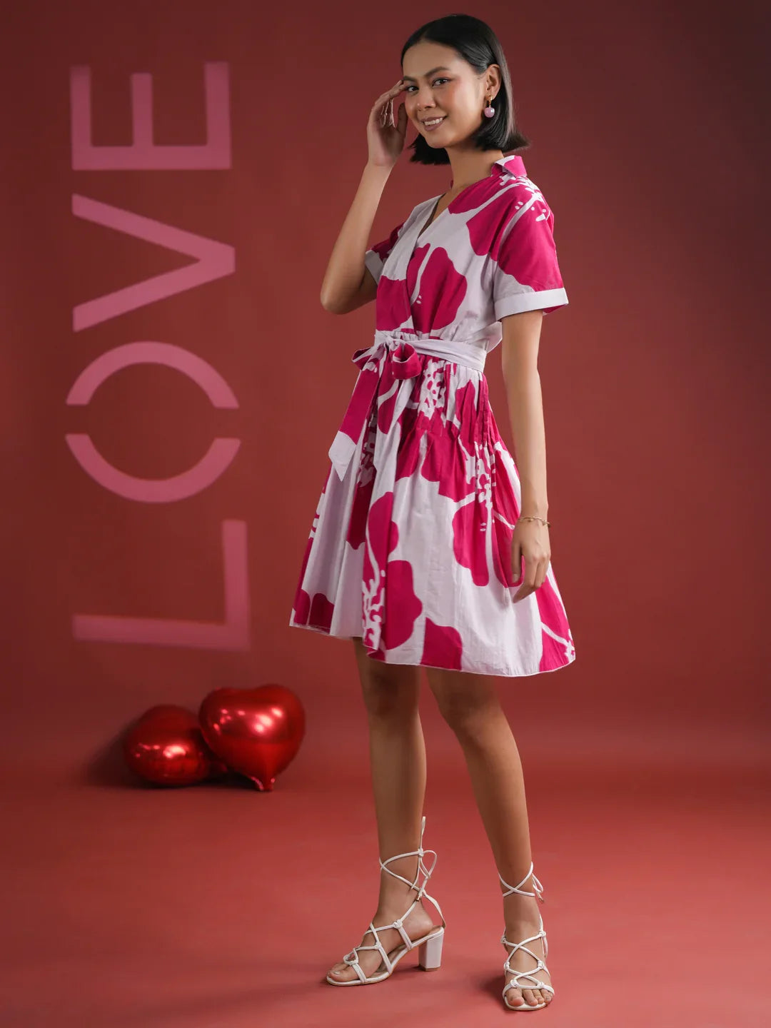 Pink Floral Printed V-Neck Dress - SanskrutiHomes 