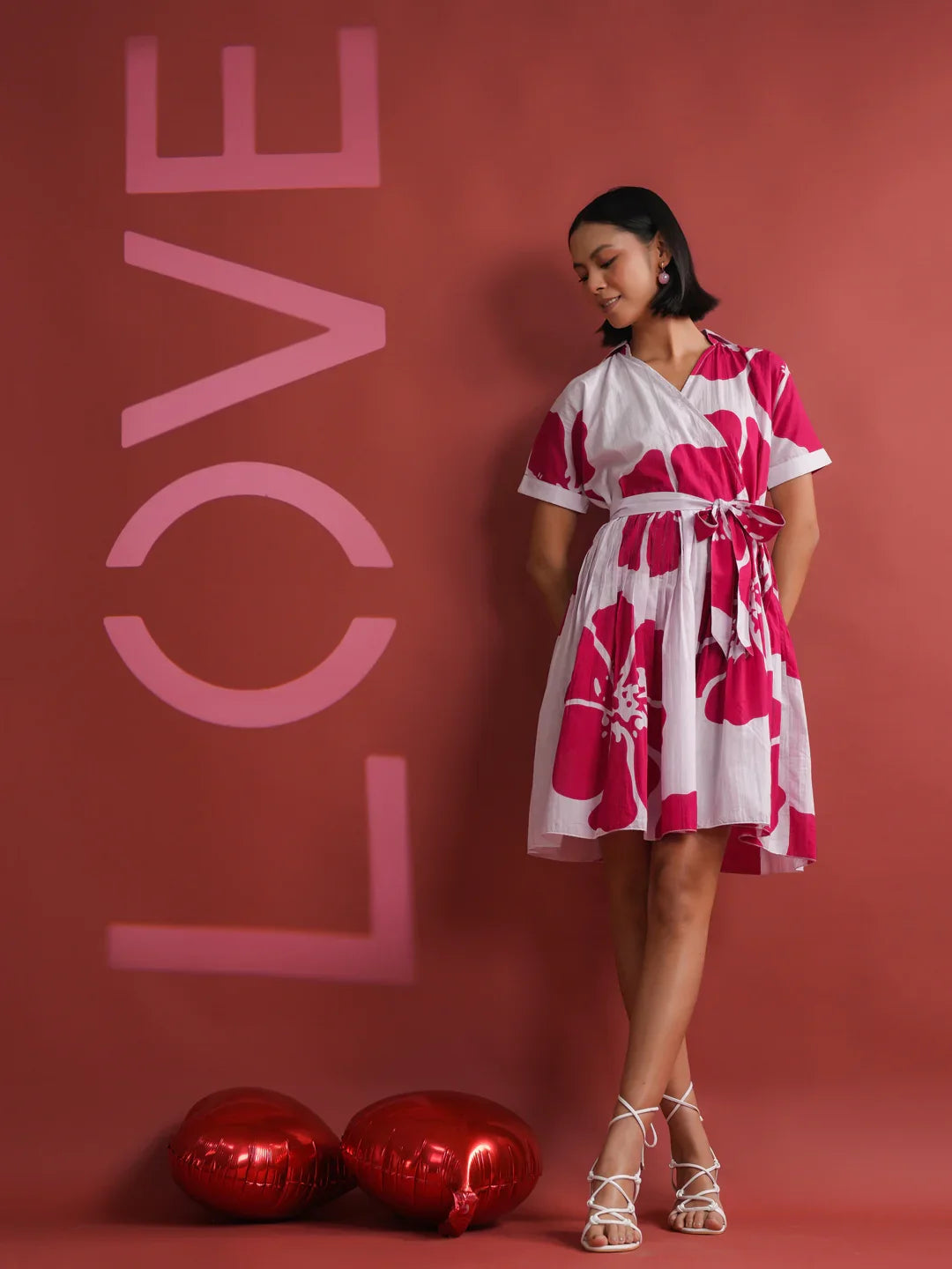 Pink Floral Printed V-Neck Dress - SanskrutiHomes 