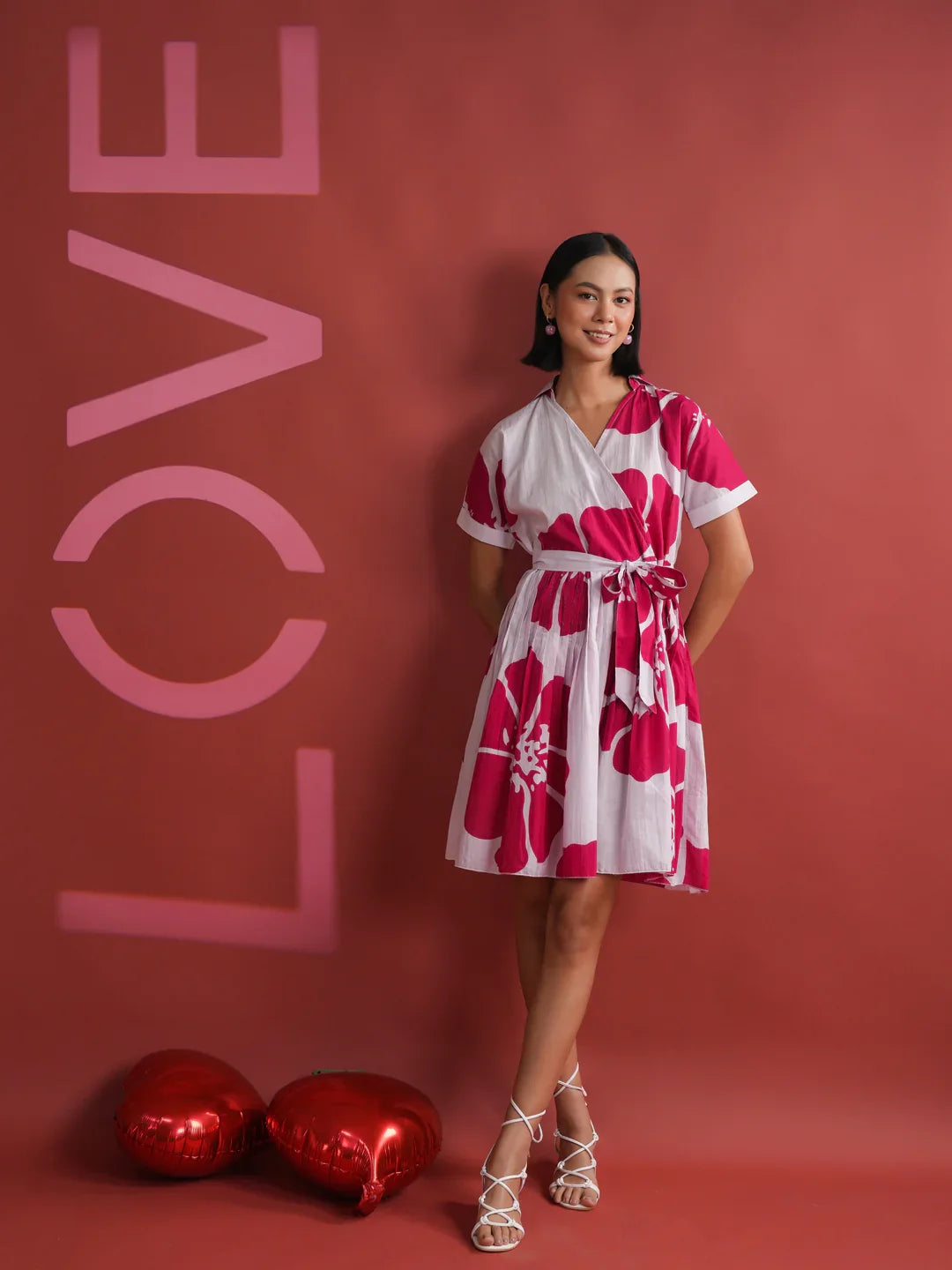 Pink Floral Printed V-Neck Dress - SanskrutiHomes 