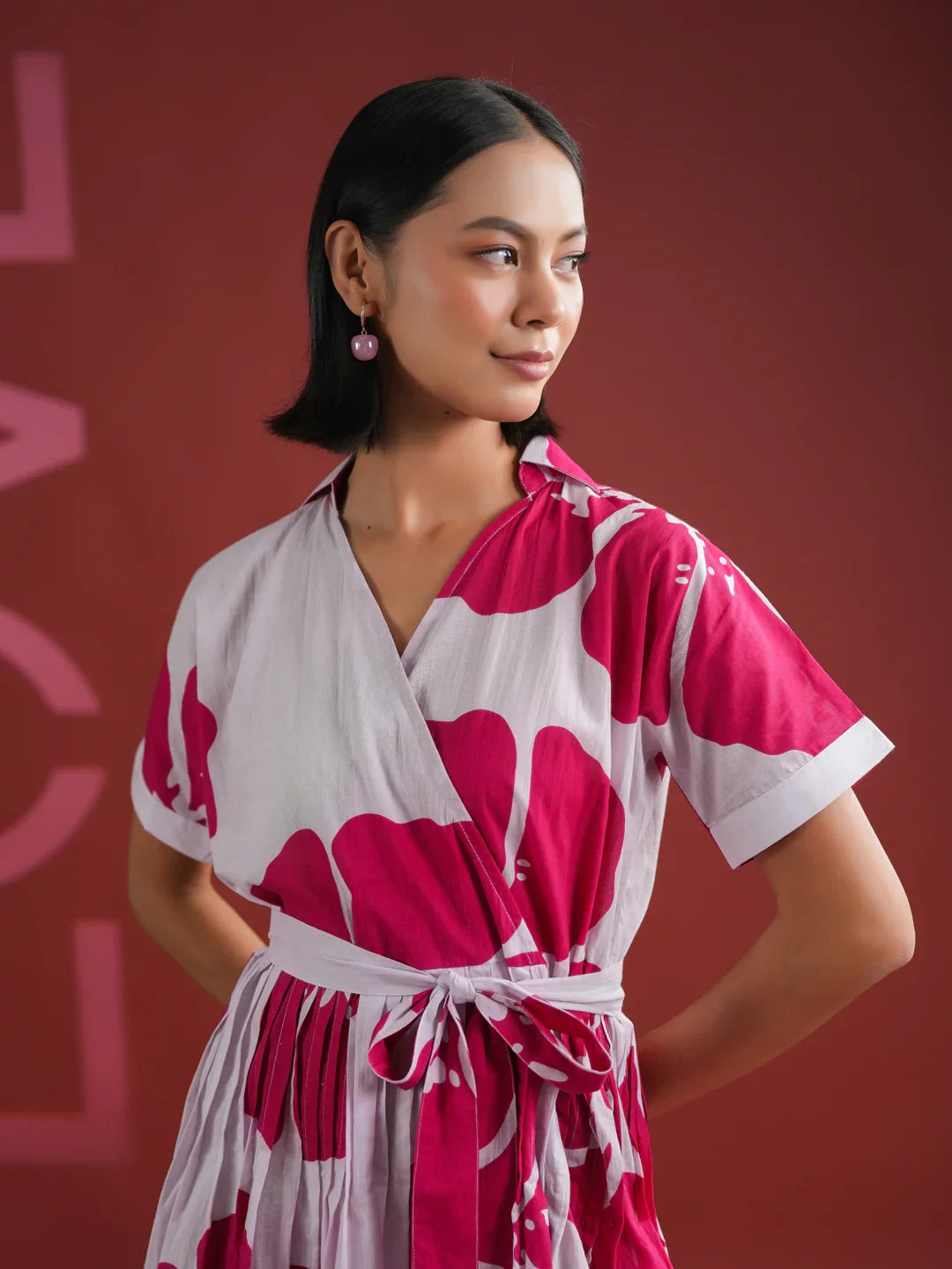 Pink Floral Printed V-Neck Dress - SanskrutiHomes 