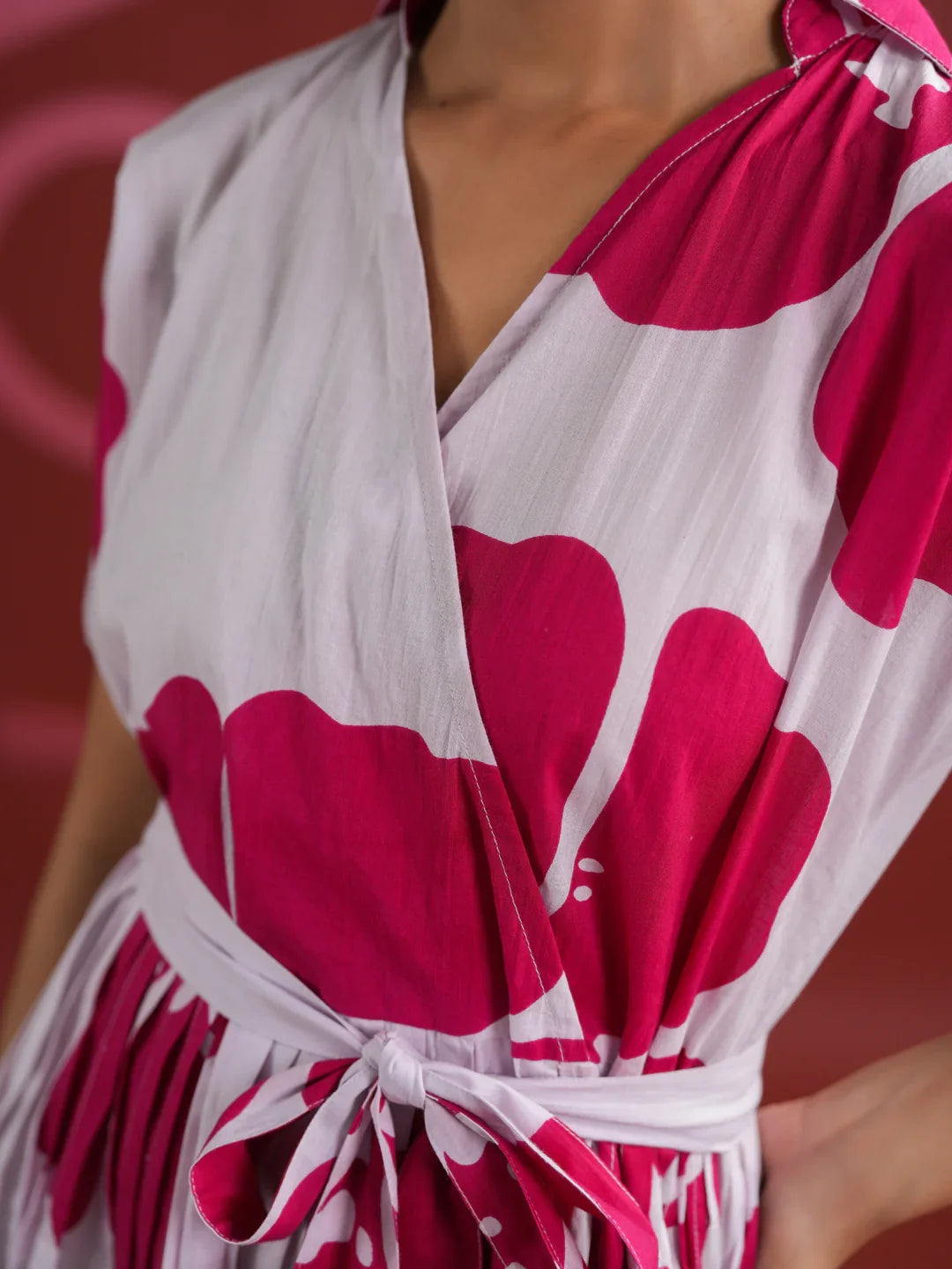 Pink Floral Printed V-Neck Dress - SanskrutiHomes 