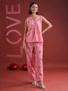 Pink V-Neck Printed Cotton Night Suit - SanskrutiHomes 