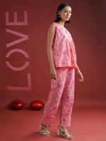 Pink V-Neck Printed Cotton Night Suit - SanskrutiHomes 