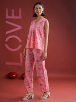 Pink V-Neck Printed Cotton Night Suit - SanskrutiHomes 