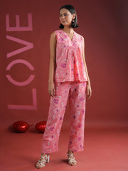 Pink V-Neck Printed Cotton Night Suit - SanskrutiHomes 