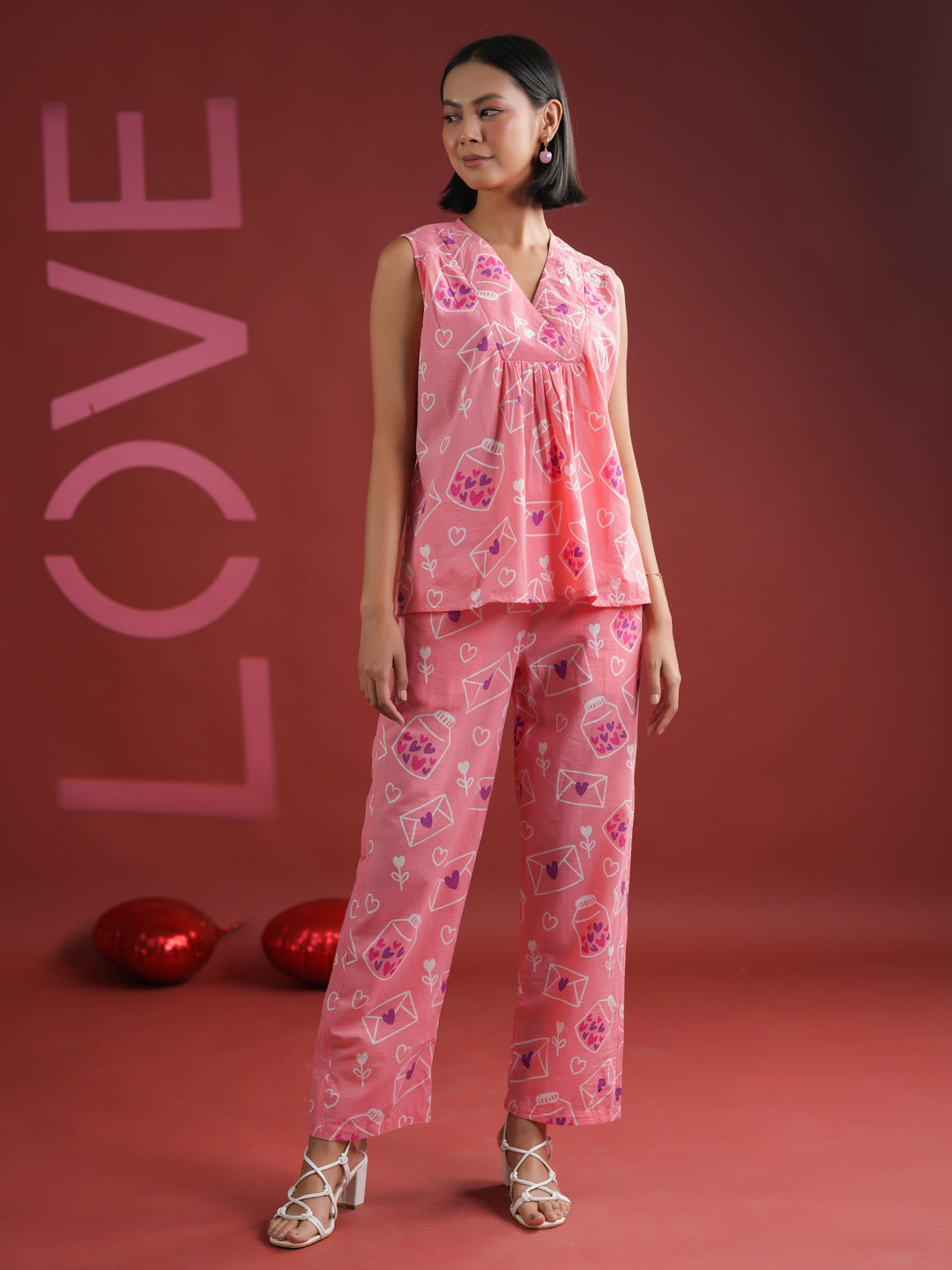 Pink V-Neck Printed Cotton Night Suit - SanskrutiHomes 