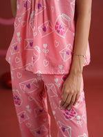 Pink V-Neck Printed Cotton Night Suit - SanskrutiHomes 
