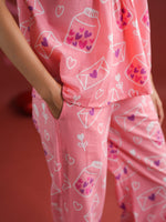 Pink V-Neck Printed Cotton Night Suit - SanskrutiHomes 