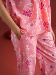 Pink V-Neck Printed Cotton Night Suit - SanskrutiHomes 