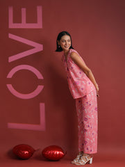 Pink V-Neck Printed Cotton Night Suit - SanskrutiHomes 