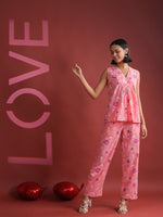 Pink V-Neck Printed Cotton Night Suit - SanskrutiHomes 