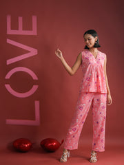 Pink V-Neck Printed Cotton Night Suit - SanskrutiHomes 
