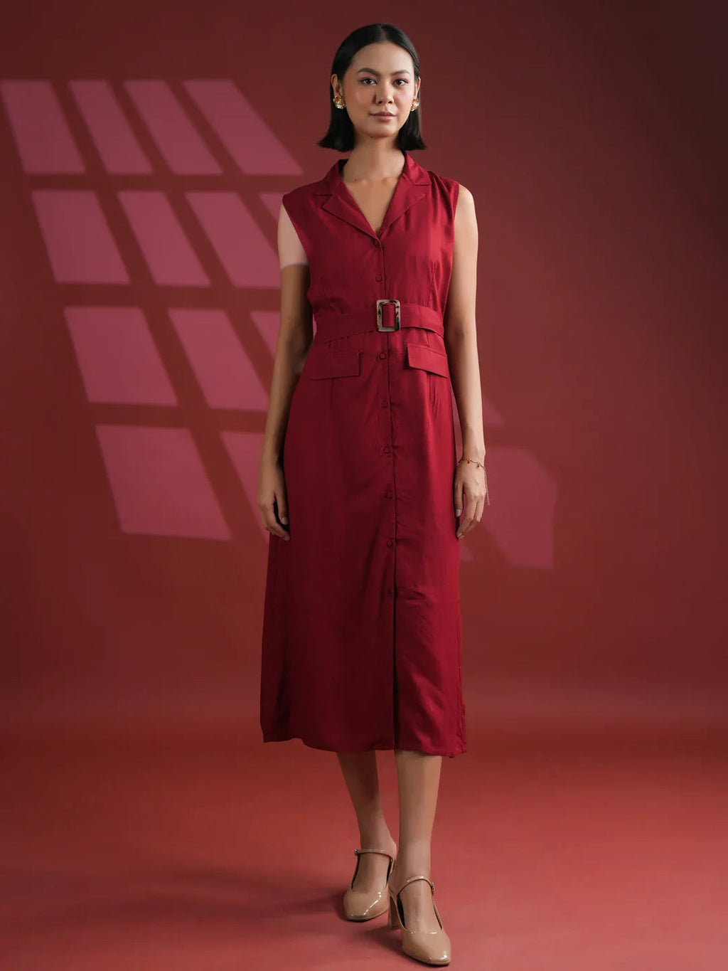 Red Solid Print Dress for Women - SanskrutiHomes 