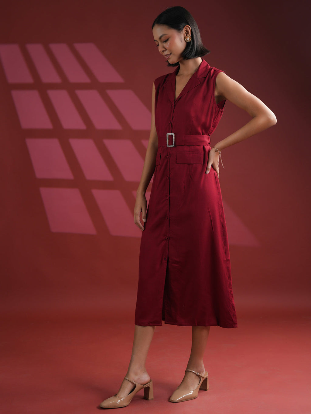 Red Solid Print Dress for Women - SanskrutiHomes 