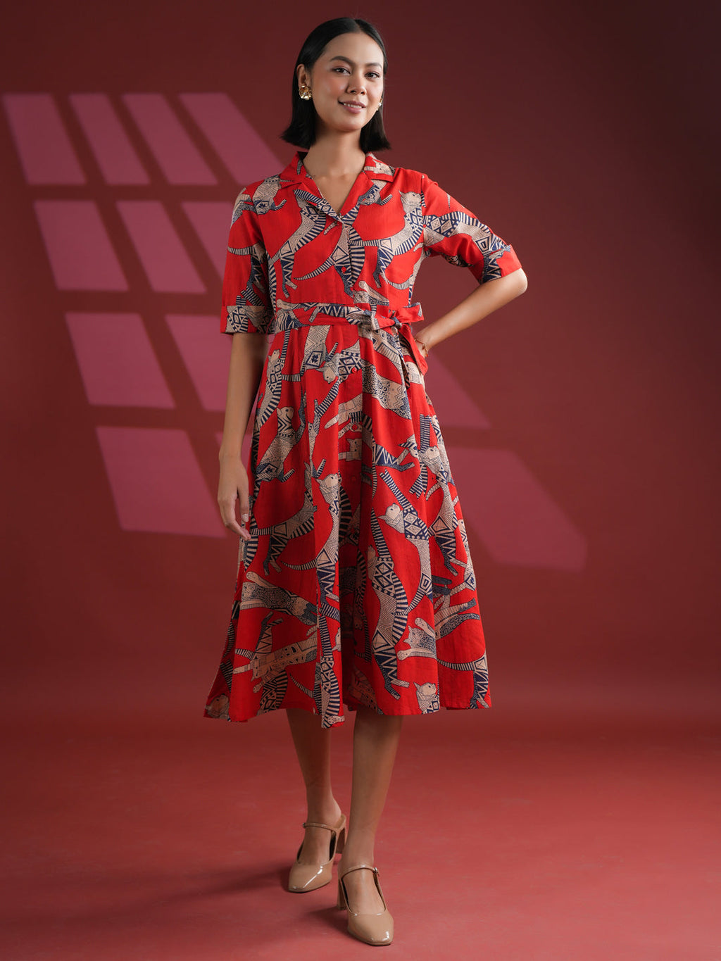 Women Cotton Red Animal Print Dress - SanskrutiHomes 
