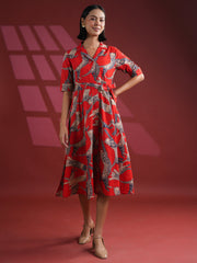 Women Cotton Red Animal Print Dress - SanskrutiHomes 