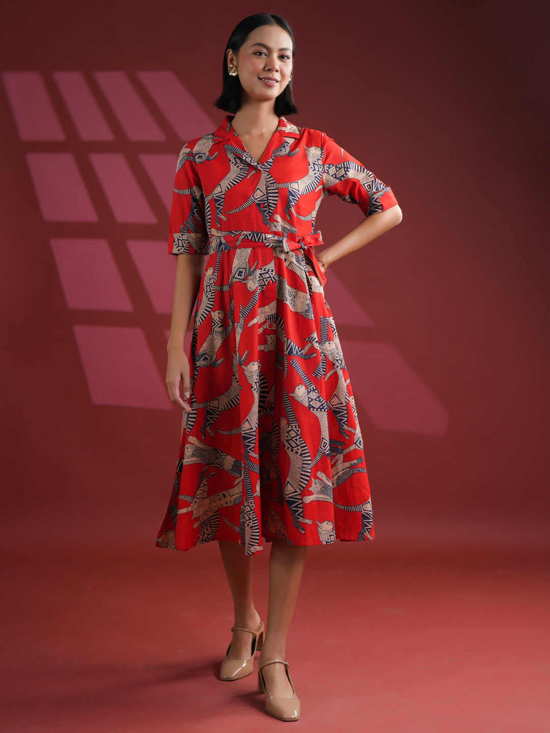 Women Cotton Red Animal Print Dress - SanskrutiHomes 