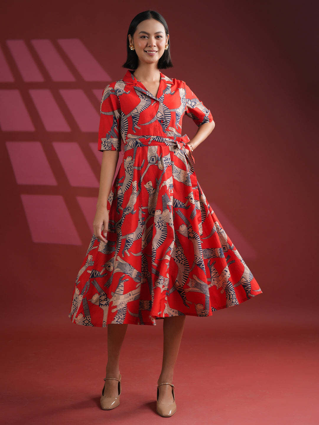 Women Cotton Red Animal Print Dress - SanskrutiHomes 