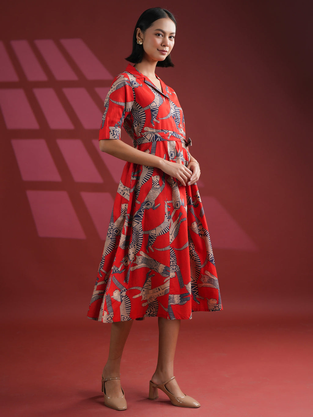 Women Cotton Red Animal Print Dress - SanskrutiHomes 