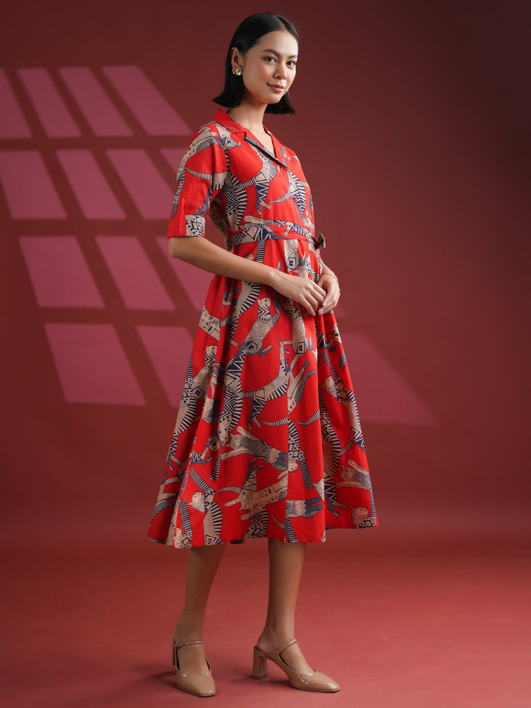 Women Cotton Red Animal Print Dress - SanskrutiHomes 