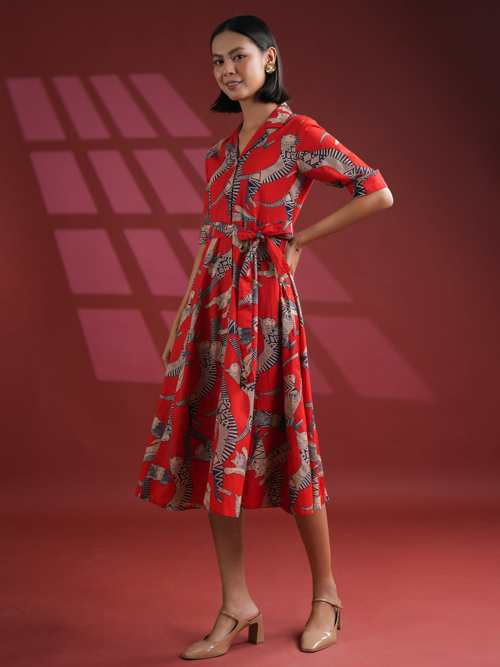 Women Cotton Red Animal Print Dress - SanskrutiHomes 