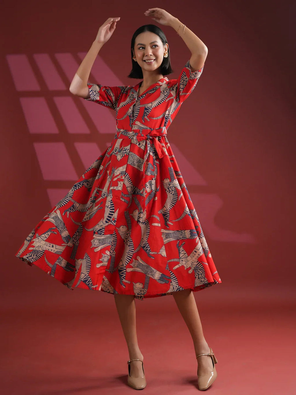 Women Cotton Red Animal Print Dress - SanskrutiHomes 