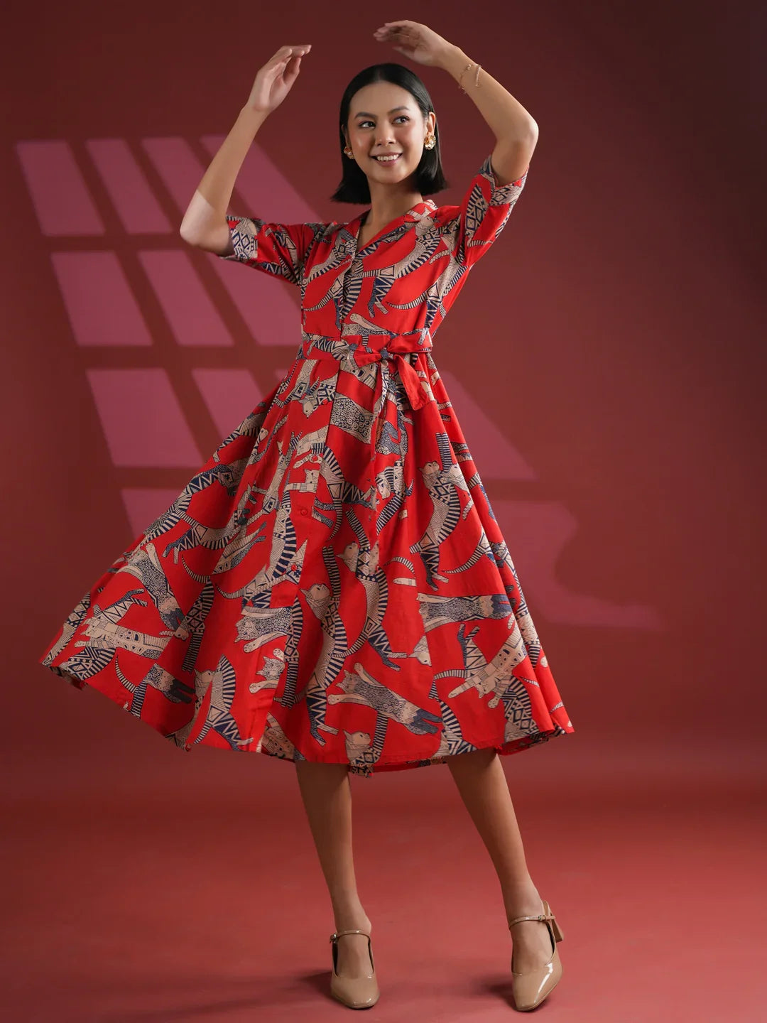 Women Cotton Red Animal Print Dress - SanskrutiHomes 