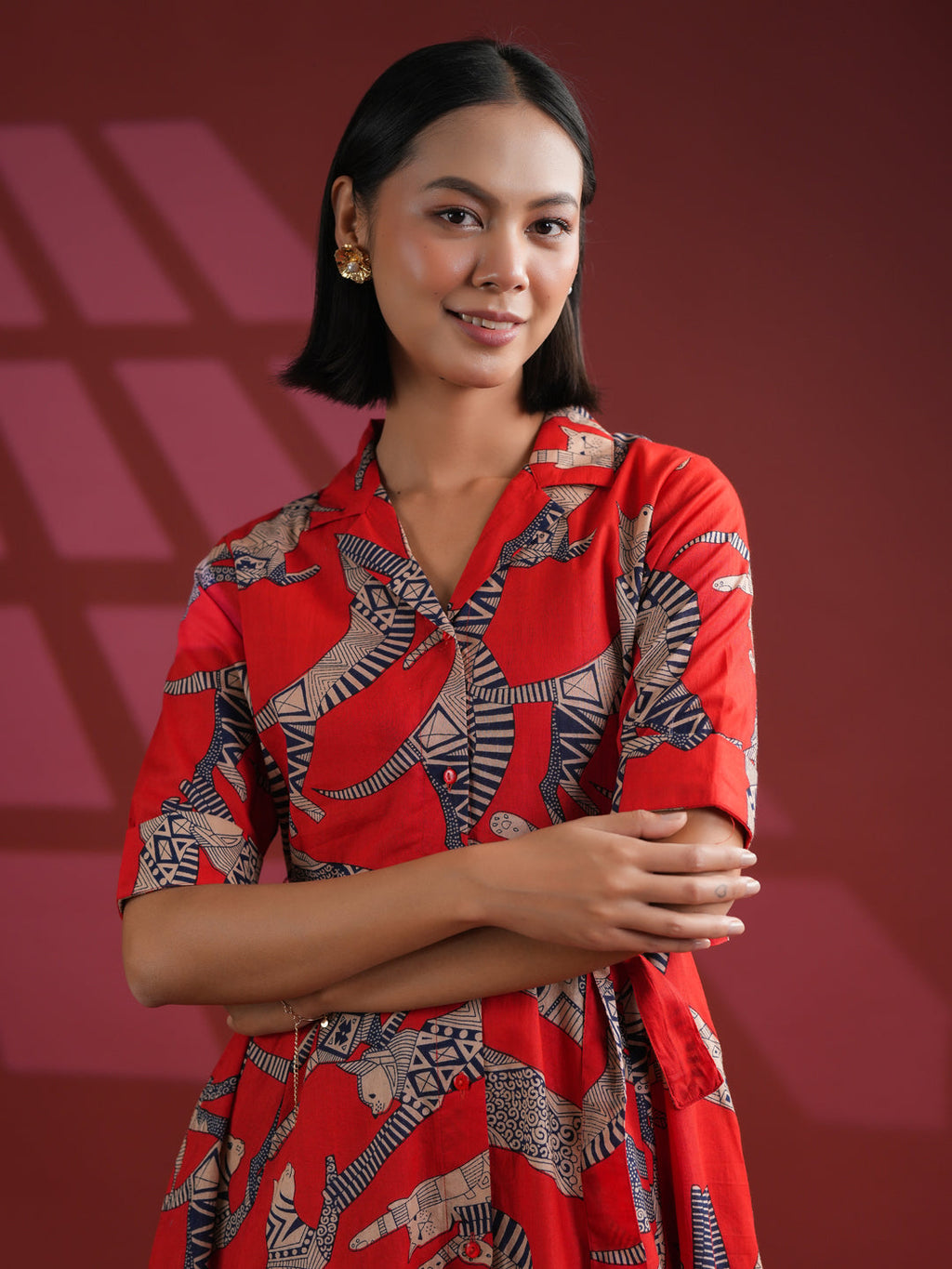 Women Cotton Red Animal Print Dress - SanskrutiHomes 