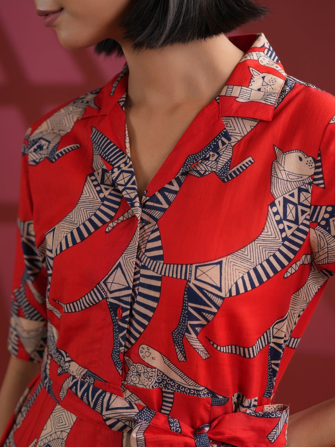 Women Cotton Red Animal Print Dress - SanskrutiHomes 