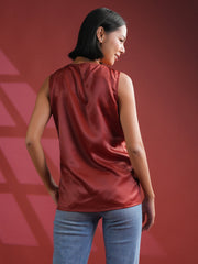 Red Solid Print Satin Top For Women