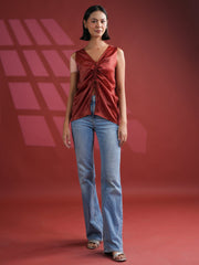 Red Solid Print Satin Top For Women