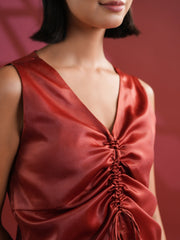 Red Solid Print Satin Top For Women