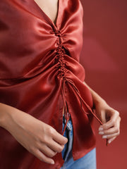 Red Solid Print Satin Top For Women