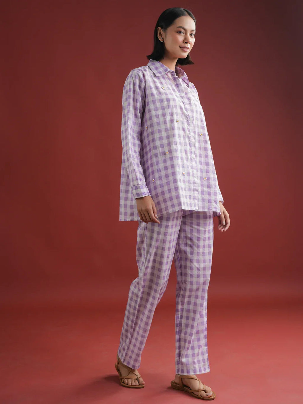 Purple Check Printed Cotton Co-ords Set - SanskrutiHomes 
