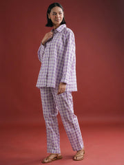 Purple Check Printed Cotton Co-ords Set - SanskrutiHomes 