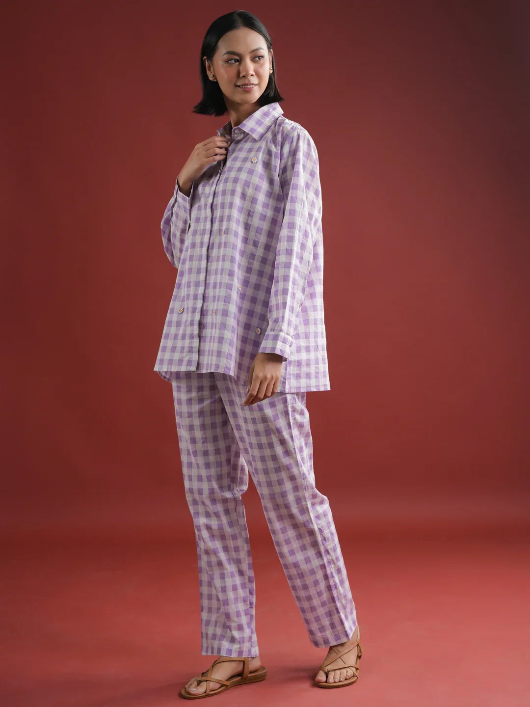 Purple Check Printed Cotton Co-ords Set - SanskrutiHomes 