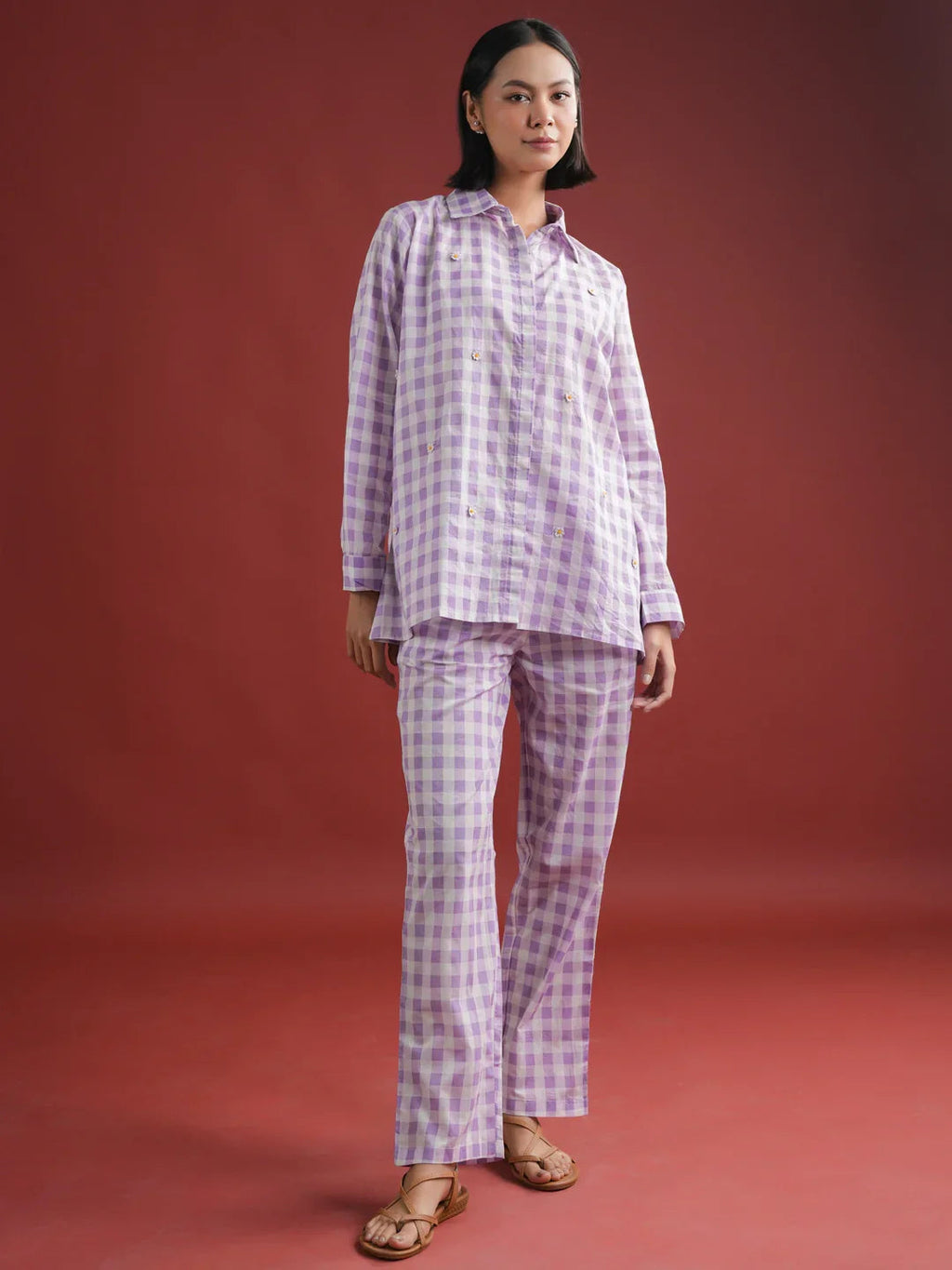 Purple Check Printed Cotton Co-ords Set - SanskrutiHomes 