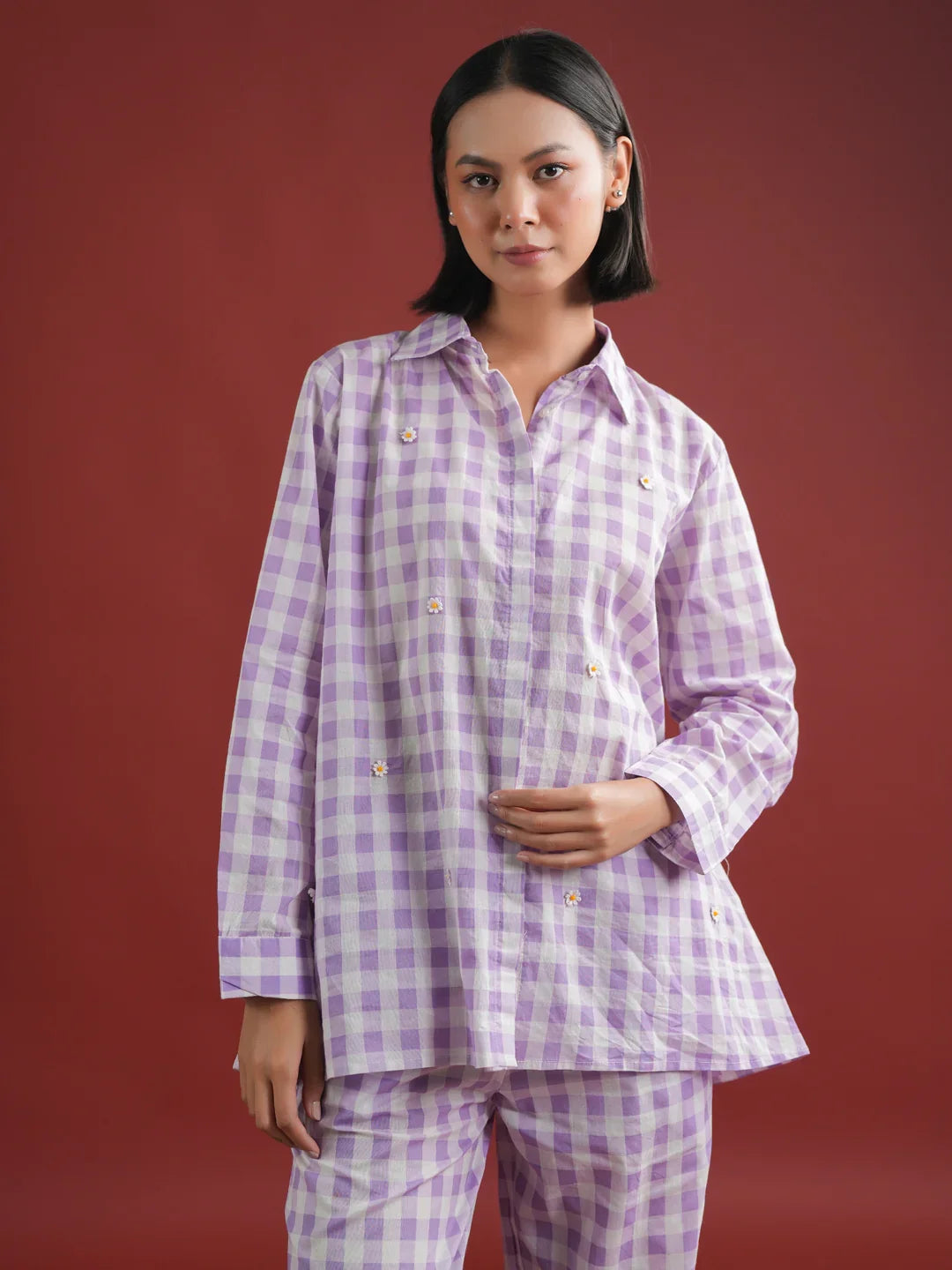 Purple Check Printed Cotton Co-ords Set - SanskrutiHomes 