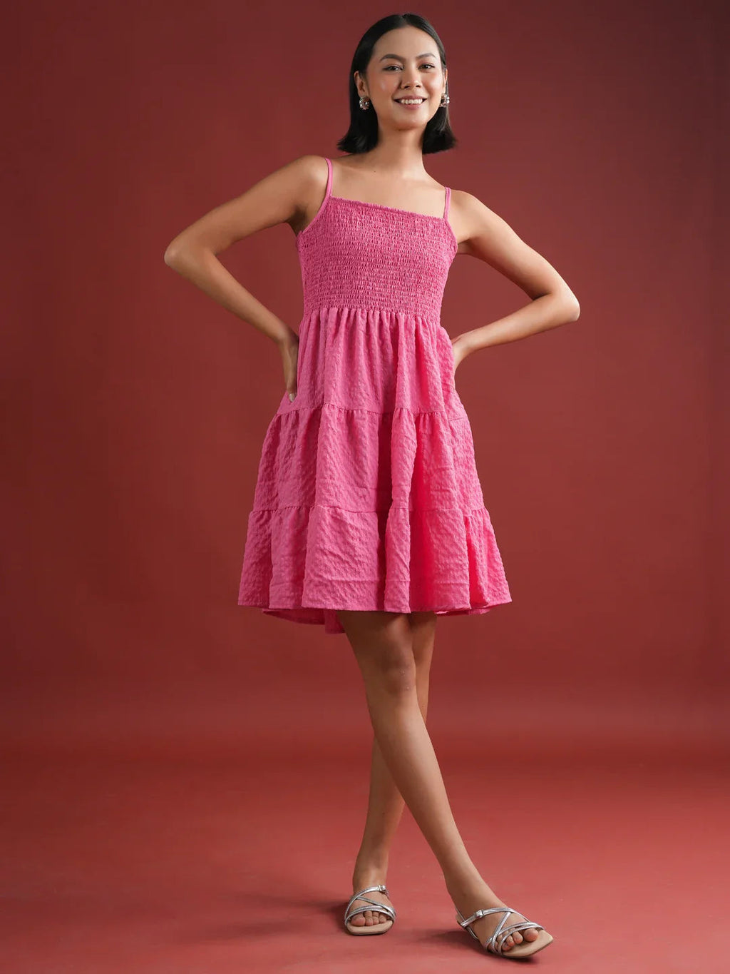 Pink Solid Polyester Dress for Women - SanskrutiHomes 