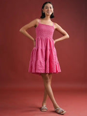 Pink Solid Polyester Dress for Women - SanskrutiHomes 