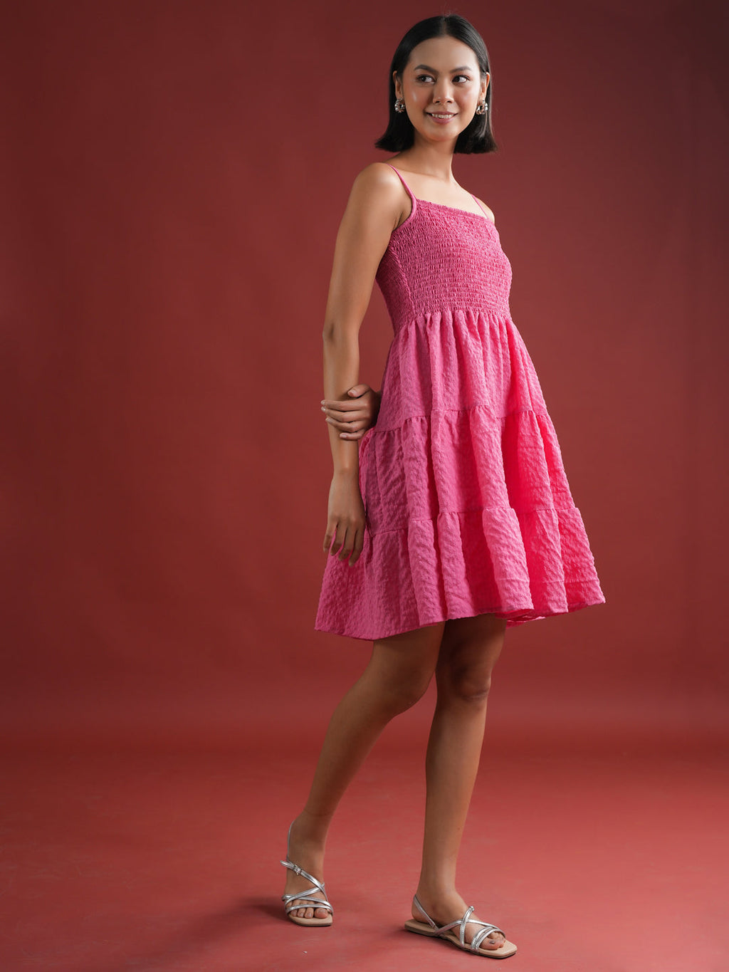 Pink Solid Polyester Dress for Women - SanskrutiHomes 