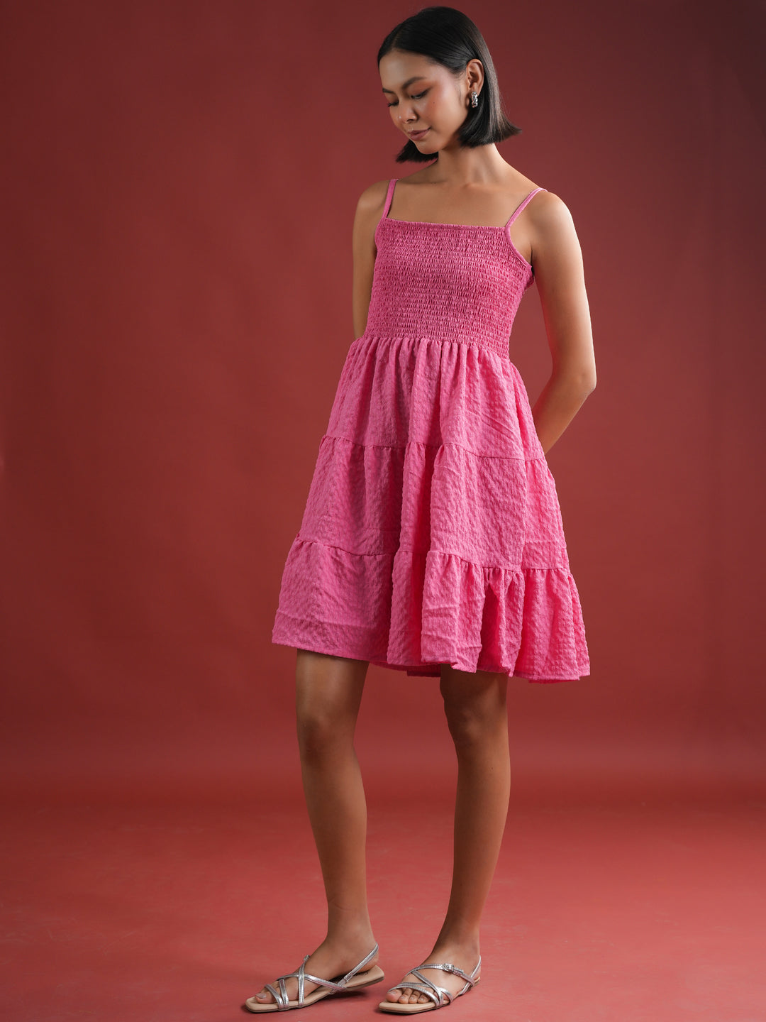 Pink Solid Polyester Dress for Women - SanskrutiHomes 