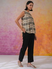 Black Geometric Print Round Neck Co-ords Set - SanskrutiHomes 